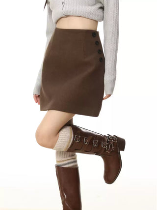 Button-up high waist thickened woolen skirt