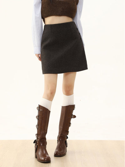 Button-up high waist thickened woolen skirt