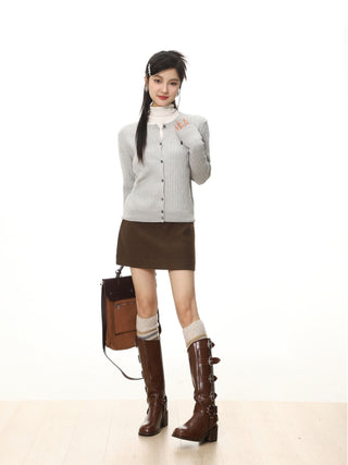 Button-up high waist thickened woolen skirt