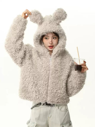 Rabbit ears hooded plush cotton jacket