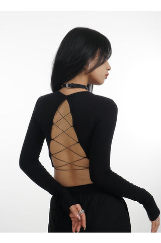 Backless long-sleeved T-shirt with removable chest pad