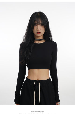 Backless long-sleeved T-shirt with removable chest pad