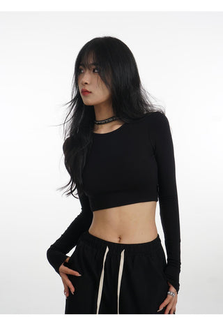 Backless long-sleeved T-shirt with removable chest pad