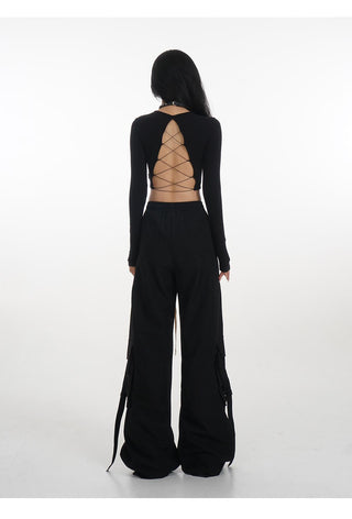 Backless long-sleeved T-shirt with removable chest pad