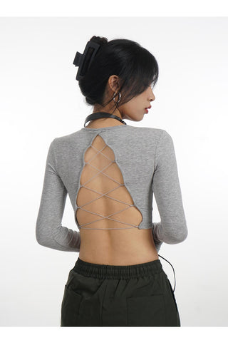 Backless long-sleeved T-shirt with removable chest pad