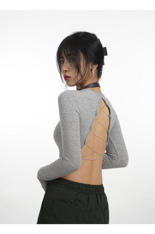 Backless long-sleeved T-shirt with removable chest pad