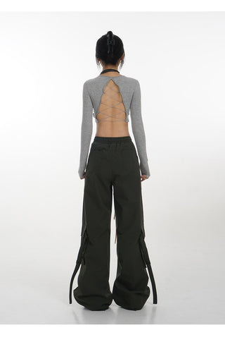 Backless long-sleeved T-shirt with removable chest pad
