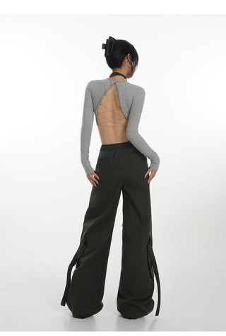 Backless long-sleeved T-shirt with removable chest pad
