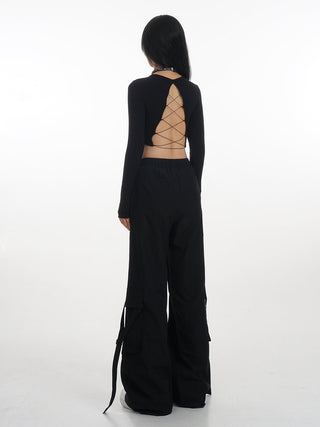 Backless long-sleeved T-shirt with removable chest pad