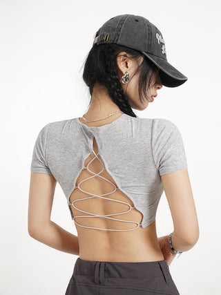 Backless straight shoulder short-sleeved T-shirt