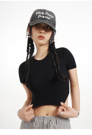 Backless straight shoulder short-sleeved T-shirt