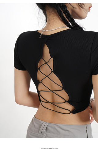 Backless straight shoulder short-sleeved T-shirt