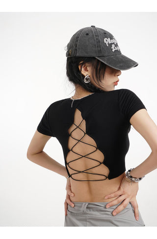 Backless straight shoulder short-sleeved T-shirt