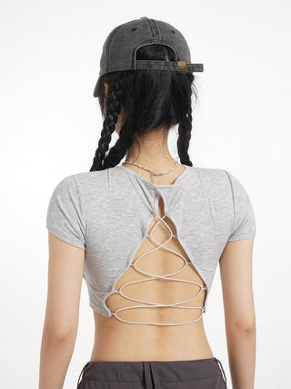 Backless straight shoulder short-sleeved T-shirt