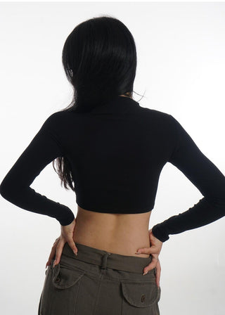 Crop stand collar black long-sleeved T-shirt