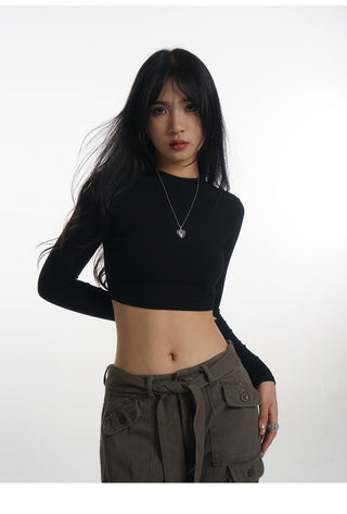 Crop stand collar black long-sleeved T-shirt