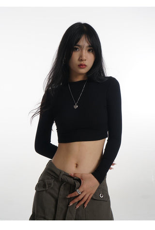 Crop stand collar black long-sleeved T-shirt