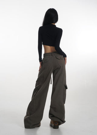 Crop stand collar black long-sleeved T-shirt