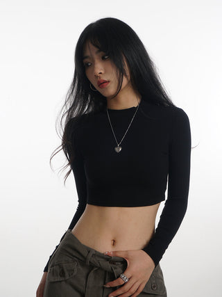 Crop stand collar black long-sleeved T-shirt