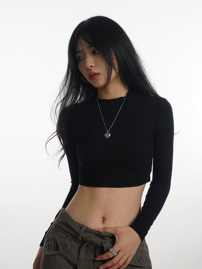 Crop stand collar black long-sleeved T-shirt