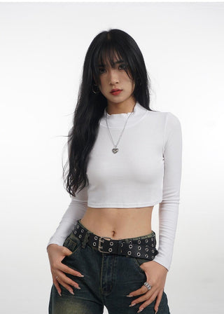 Crop stand collar black long-sleeved T-shirt