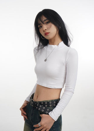 Crop stand collar black long-sleeved T-shirt