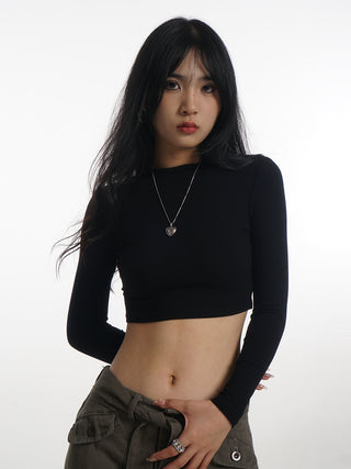 Crop stand collar black long-sleeved T-shirt