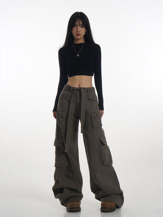 Crop stand collar black long-sleeved T-shirt