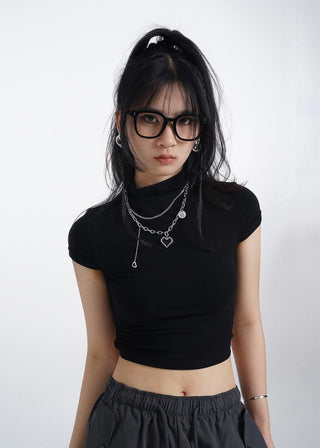 Half turtleneck backless short sleeve T-shirt