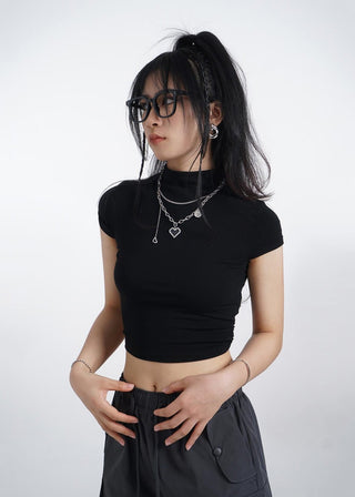 Half turtleneck backless short sleeve T-shirt