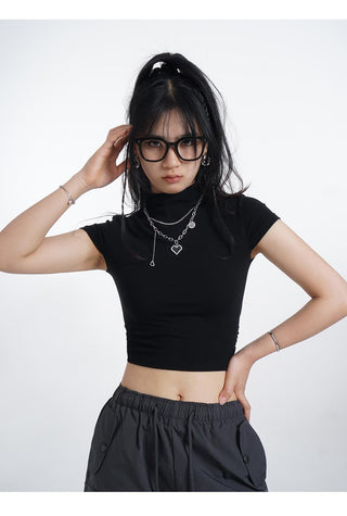 Half turtleneck backless short sleeve T-shirt