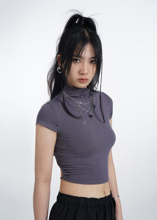 Half turtleneck backless short sleeve T-shirt