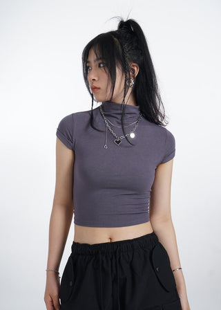 Half turtleneck backless short sleeve T-shirt