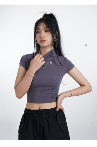 Half turtleneck backless short sleeve T-shirt
