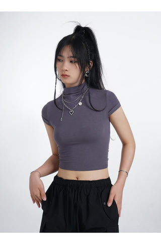 Half turtleneck backless short sleeve T-shirt
