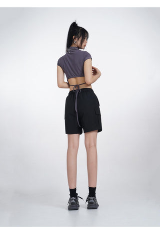 Half turtleneck backless short sleeve T-shirt