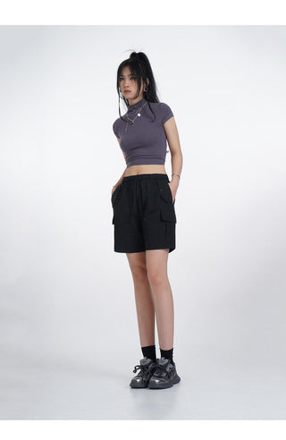 Half turtleneck backless short sleeve T-shirt