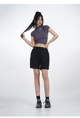Half turtleneck backless short sleeve T-shirt
