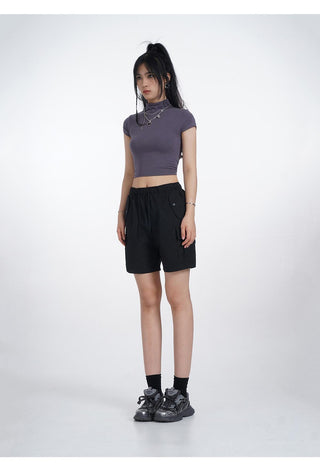 Half turtleneck backless short sleeve T-shirt
