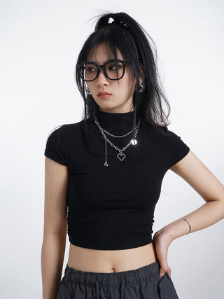 Half turtleneck backless short sleeve T-shirt