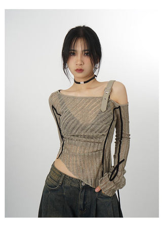 One-shoulder knitted bottoming ribbon top