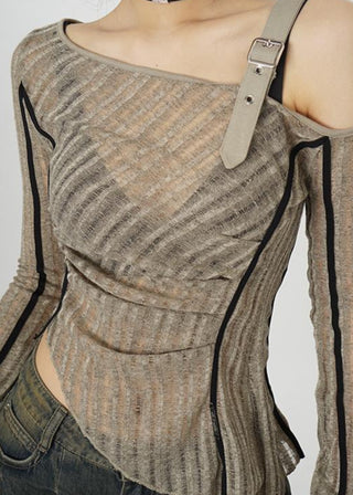 One-shoulder knitted bottoming ribbon top