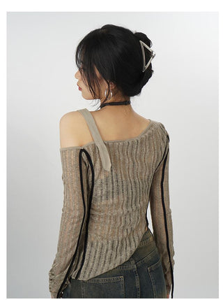 One-shoulder knitted bottoming ribbon top