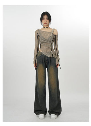 One-shoulder knitted bottoming ribbon top