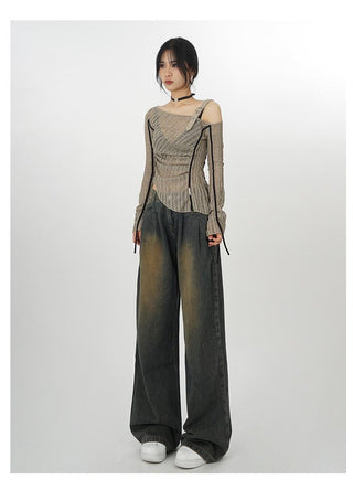 One-shoulder knitted bottoming ribbon top