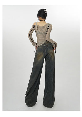 One-shoulder knitted bottoming ribbon top