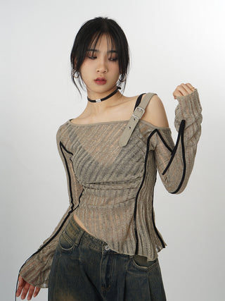 One-shoulder knitted bottoming ribbon top