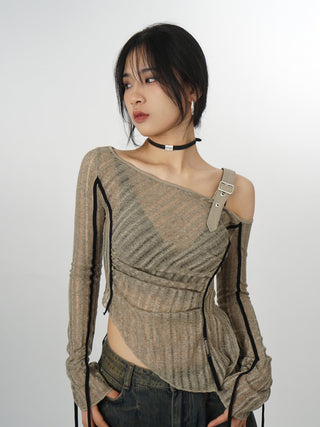 One-shoulder knitted bottoming ribbon top
