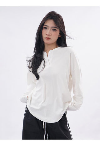 Drop shoulder white long sleeve T-shirt