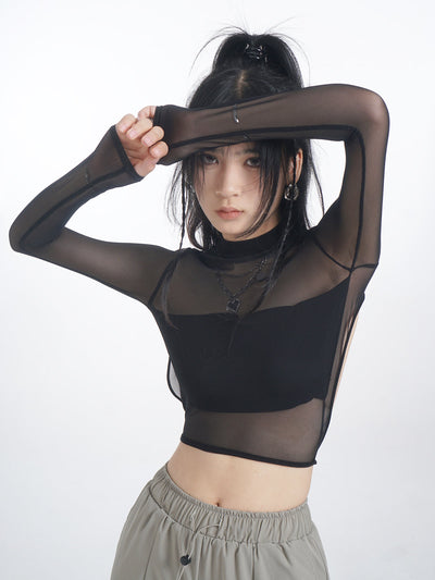 Hollow half-high collar mesh lace top